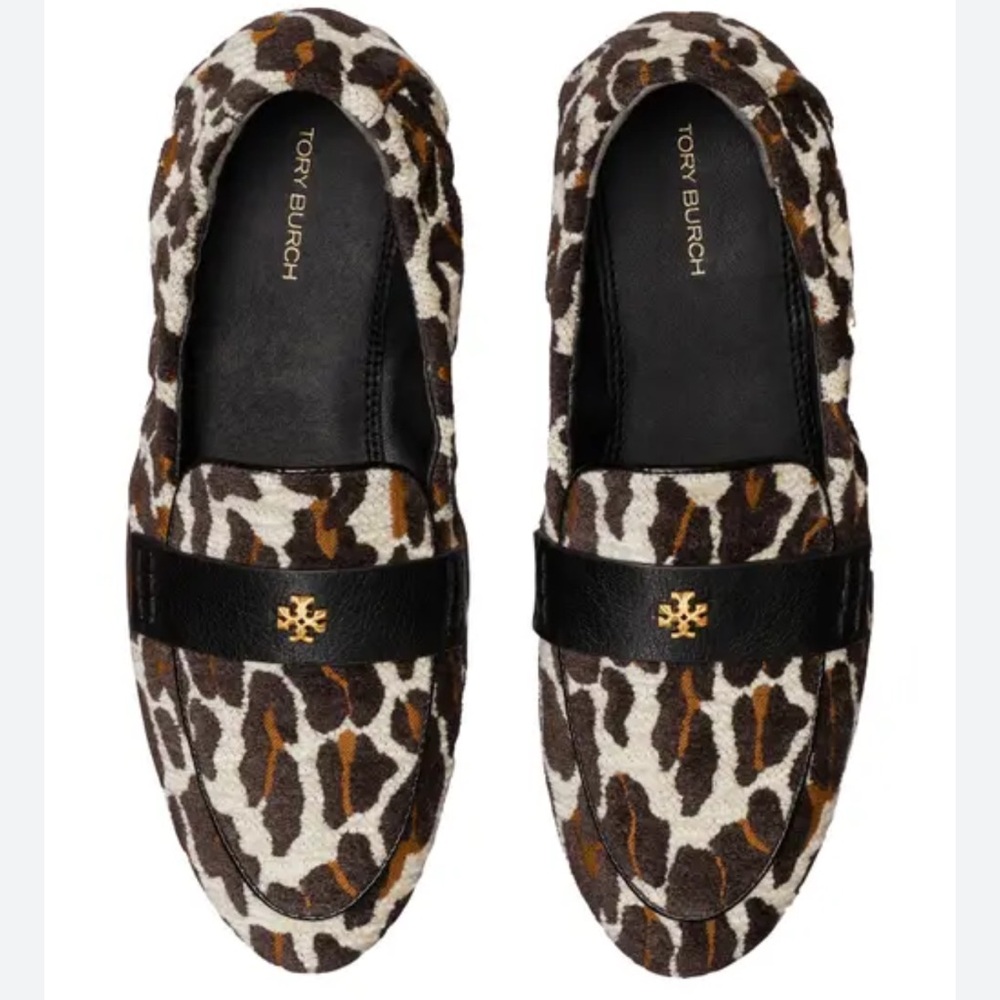 Tory Burch Leopard Print Flats with Black and Gold Accents